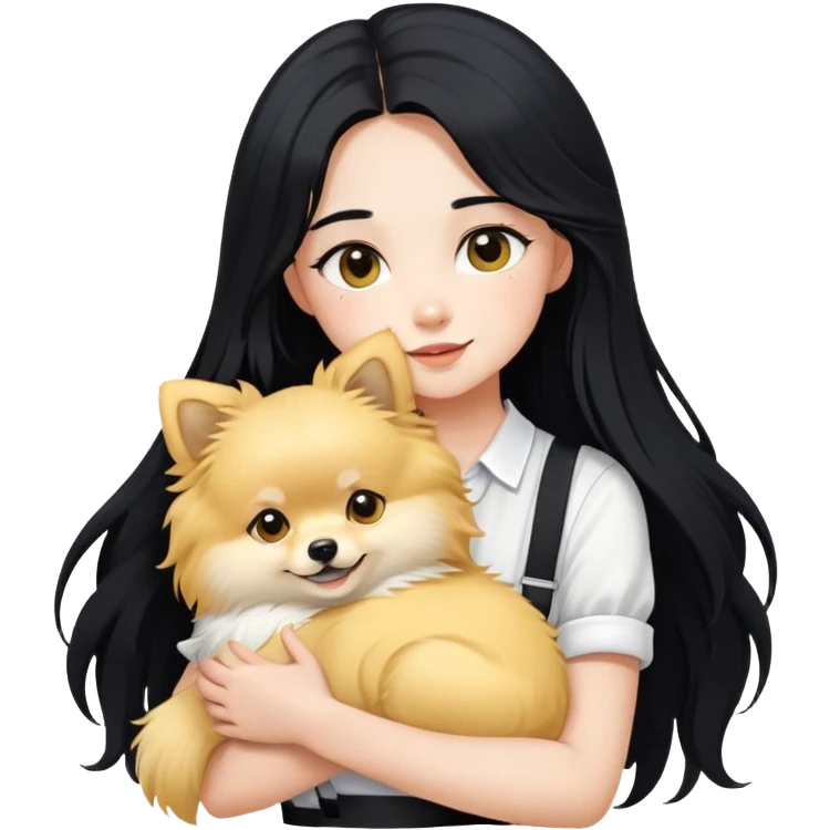 A girl with fair skin, long black hair, white suspenders, hugging a pure yellow long-haired Pomeranian emoji