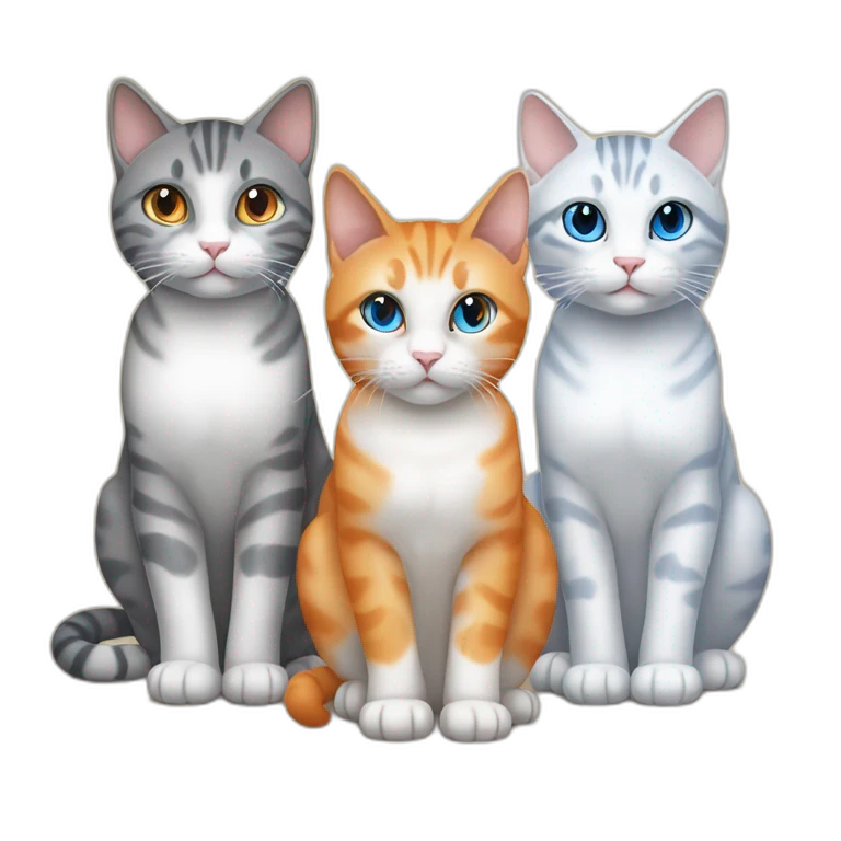 Three cats sitting, one blue eyed grey tabby, one orange and white, one all orange emoji
