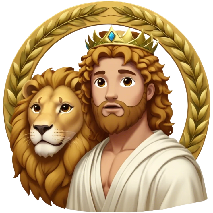 Cinematic Realistic Hercules Portrait, captured in a dramatic lion-wrestling pose that epitomizes raw, heroic strength. His light tan, athletic skin and thick, curly, golden brown hair are showcased as he grapples with a majestic lion, his refined face reminiscent of Michelangelo's David marked by noble determination. Draped in a flowing white robe with understated golden accents and crowned with a classic Greek laurel wreath, dynamic natural lighting accentuates every muscular contour and fierce, commanding expression, embodying the essence of ancient valor. emoji