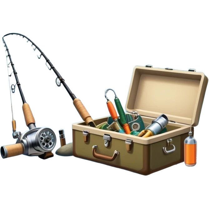 Icon for Fishing: a fishing rod and tackle box next to a boat on the shore of a serene lake, with a scenic natural background, including trees and water. The icon should represent the peacefulness of fishing. Transparent background, no border. emoji