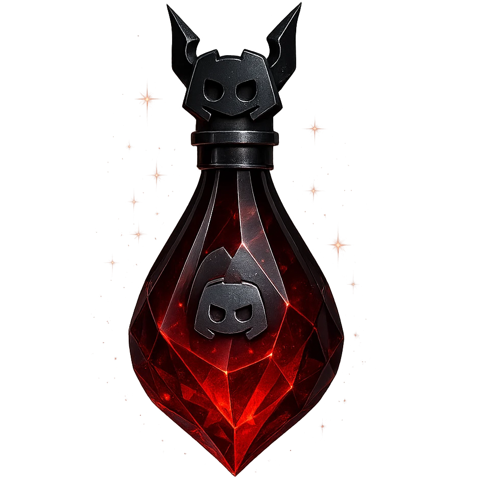 luxurious crystal elixir bottle in the shape of a drop, inspired by Discord, edgy and cool vibe, deep red color, black and silver details, very small neck, seamless bottom, bottle clearly floating in air, no base or shadow, modern, collection style, with magical glowing and sparkling effects, transparent background emoji