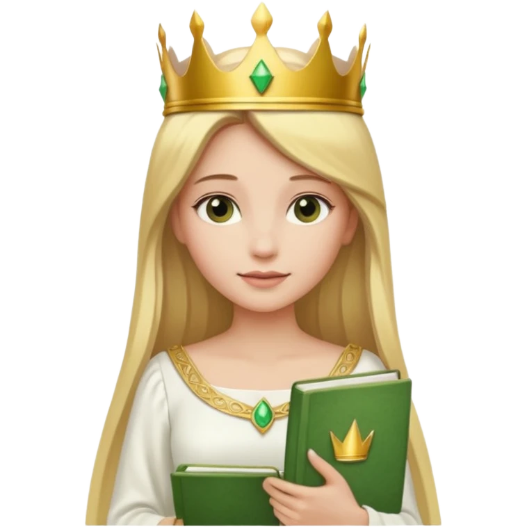 Long blonde straight Hair Women with green Book, white dress , crown

 emoji