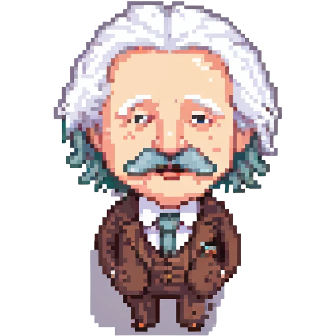 Einstein sticking his tongue out, pixel art style, white hair, mustache, suit emoji