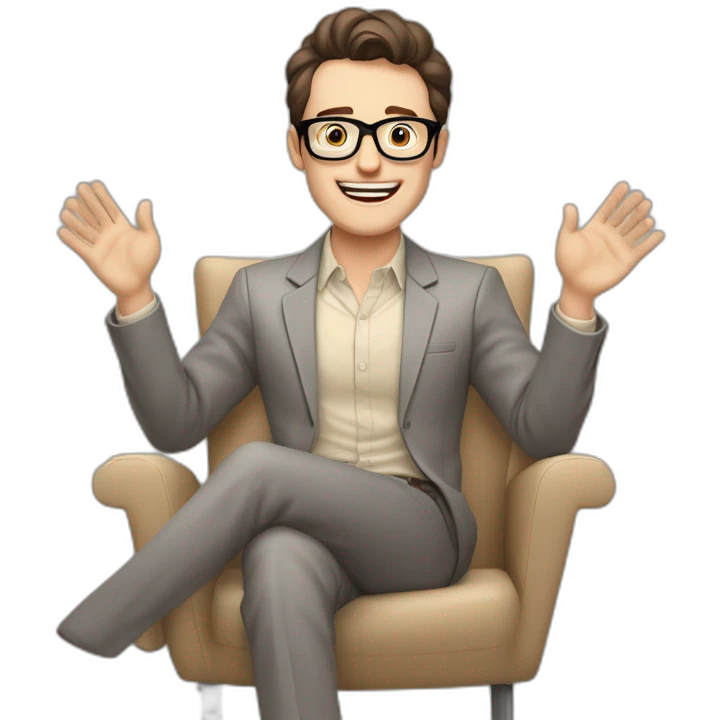Joyful Celebrating victory Hands up Pale skinned Fit Man With dark brown hair in gray jacket, beige office shirt, Brown pants and vintage glasses sitting In a soft chair emoji
