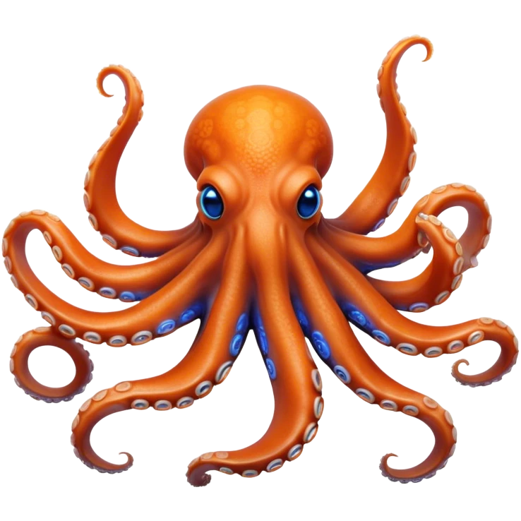 Cinematic Realistic Noble Octopus Portrait Emoji, Poised and majestic, with a sinuous, flowing body in vivid orange accented by intricately detailed blue rings, and intelligent, penetrating eyes that reflect ancient ocean lore; rendered with lifelike texture and natural iridescence, high shine, intelligent and formidable, styled with an aura of mystical marine power, focused and attentive, soft glowing outline, capturing the essence of a watchful and confident octopus that appears ready to glide out of the screen with timeless authority! emoji