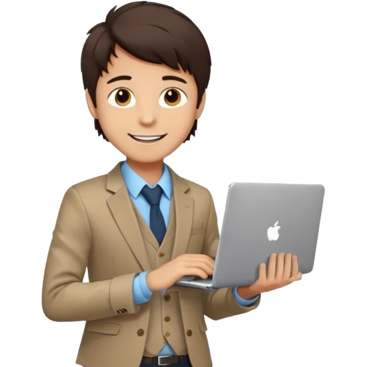 a light tan boy with messy dark brown hair. Wearing a blazer and carrying a lapotop. watch on wrist emoji