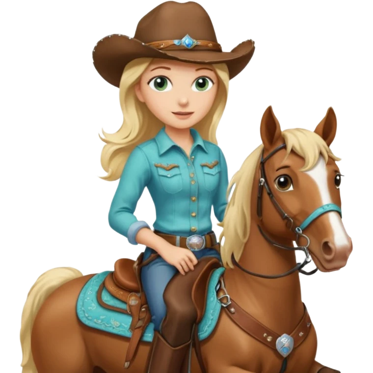 one blonde with light blue green eyes cowgirl on a horse emoji