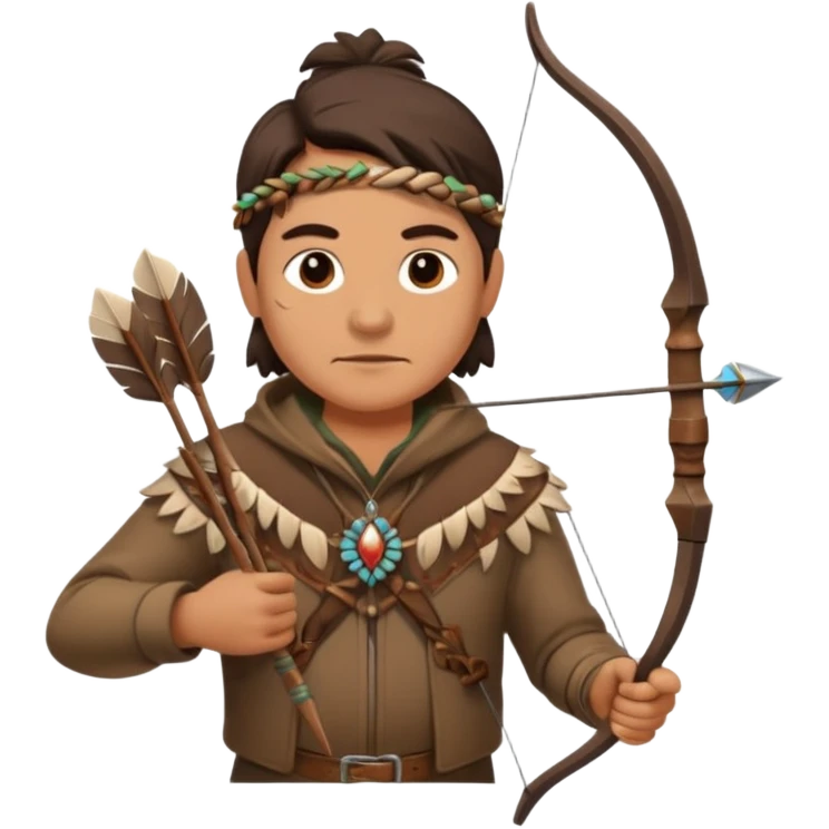 A classic middle-aged hunter, carrying a bow and arrow, dressed in brown clothes, and adorned with decorations made of feathers or bone teeth
 emoji
