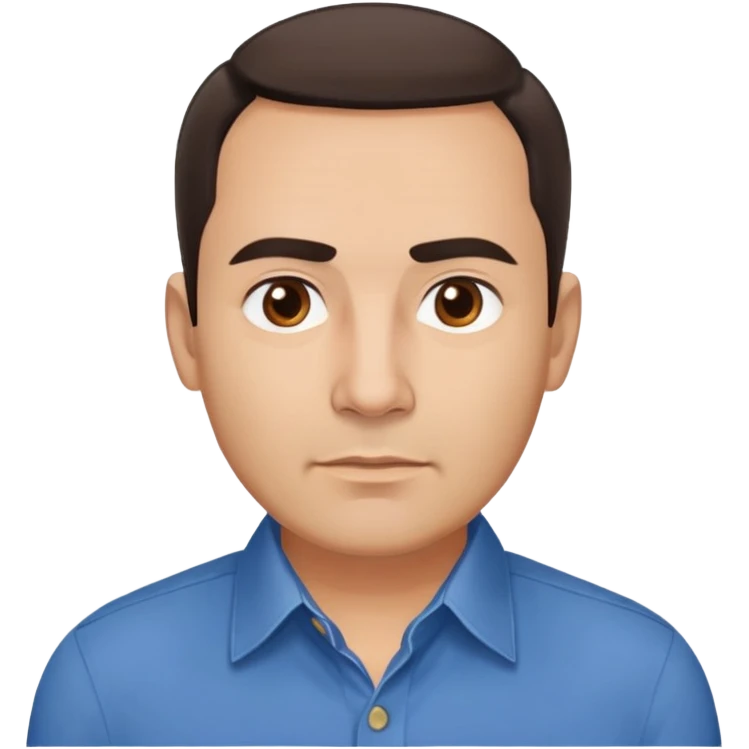 Middle-aged Hispanic man with round face, broad cheekbones, light skin. Warm brown eyes, thick straight eyebrows. Short brown hair combed slightly back with receding hairline. Professional look. Wearing a blue button-down shirt. emoji