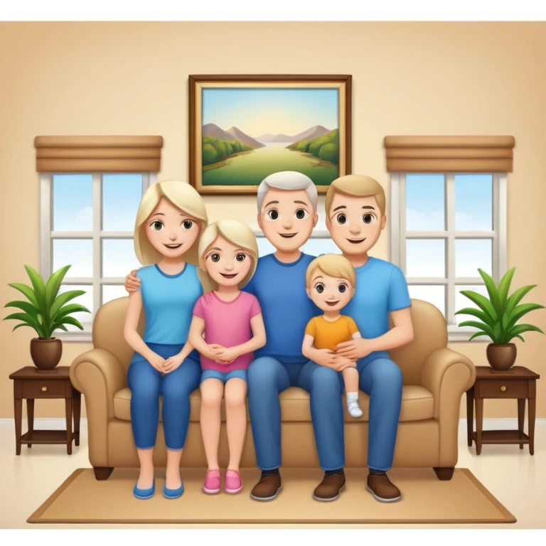 family posing for photo, living room background, closeup  emoji