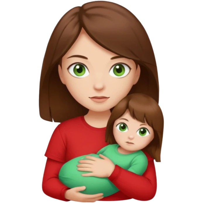 a girl with brown strait hair and has baby green eyes has a red t-shirt emoji