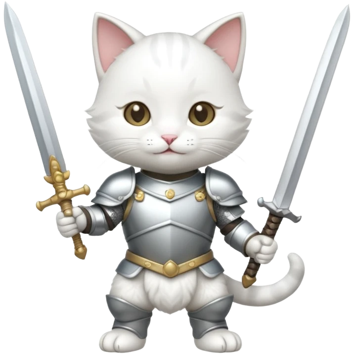 baby chibi white cat in silver armor, full body, smile, hold sword emoji