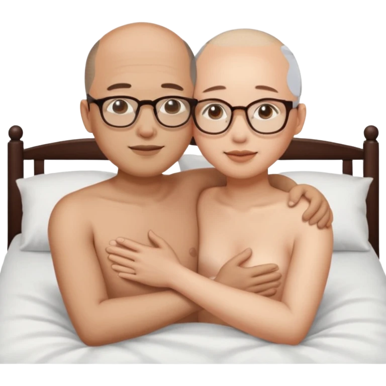 asian woman and slightly balding asian man wearing naked in bed hugging.  Only the man wears glasses. emoji