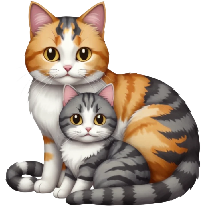 full body colourful light patched calico + white tabby cat cuddling a big dark grey and white tabby cat  emoji
