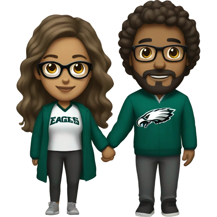 Brown guy with beard mustache and brown girl with glasses and her hair in a bun in Philadelphia eagles clothes holding hands emoji