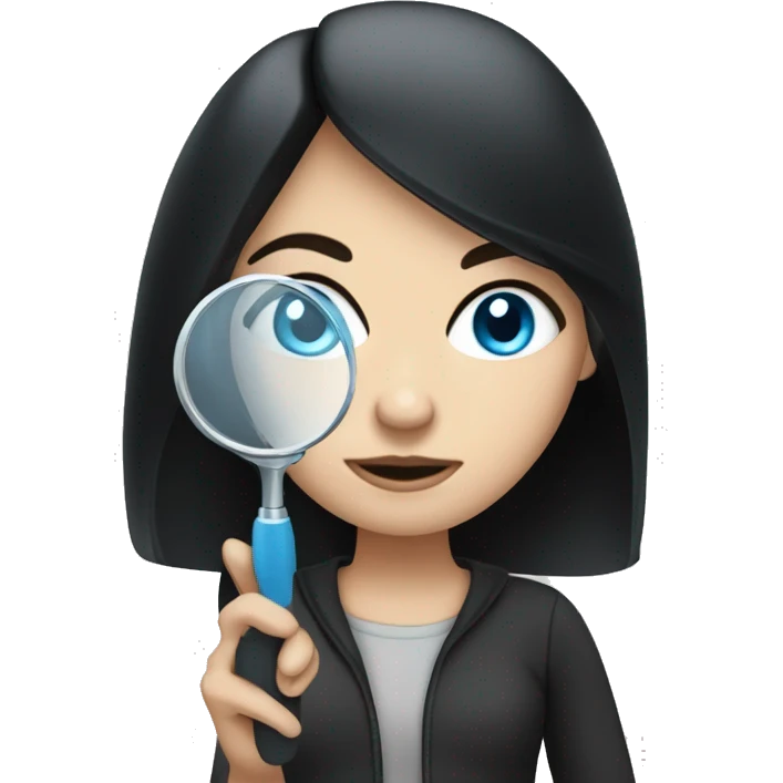 white girl with black hair and blue eyes with magnifying glass emoji