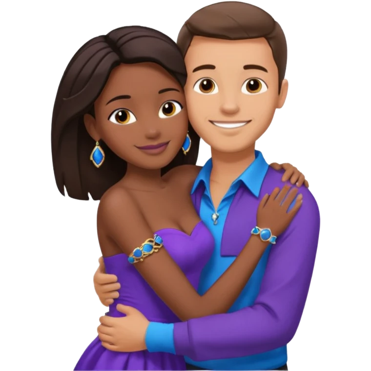 Tan tall brunette European male in blue shirt smiling and hugging a jet black African girl in purple strapless dress and blue jewelry they are on a beach with blue ocean water and palm trees emoji