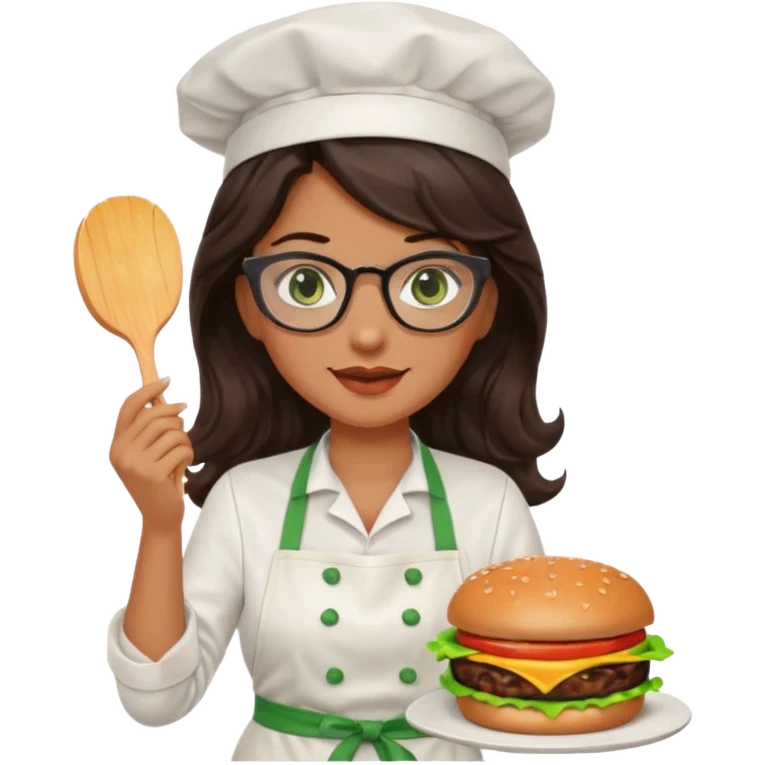 A female chef with glasses, dark brown long wavy hair, Green eyes and cooking a burger emoji