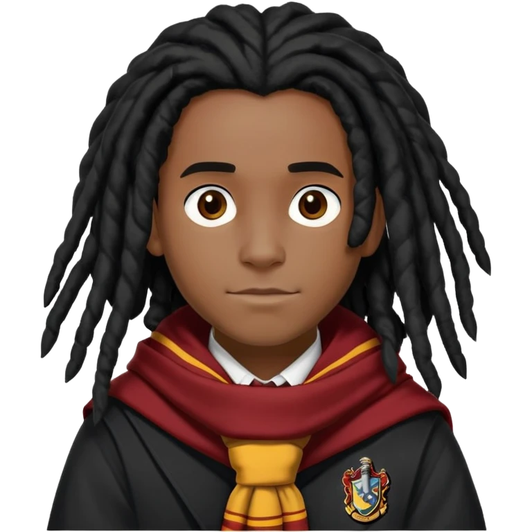 Luke Youngblood is Lee Jordan in harry potter, wear hogwarts uniform, dreadlocks black  hair, black skin,  gryfindor scarf around neck emoji