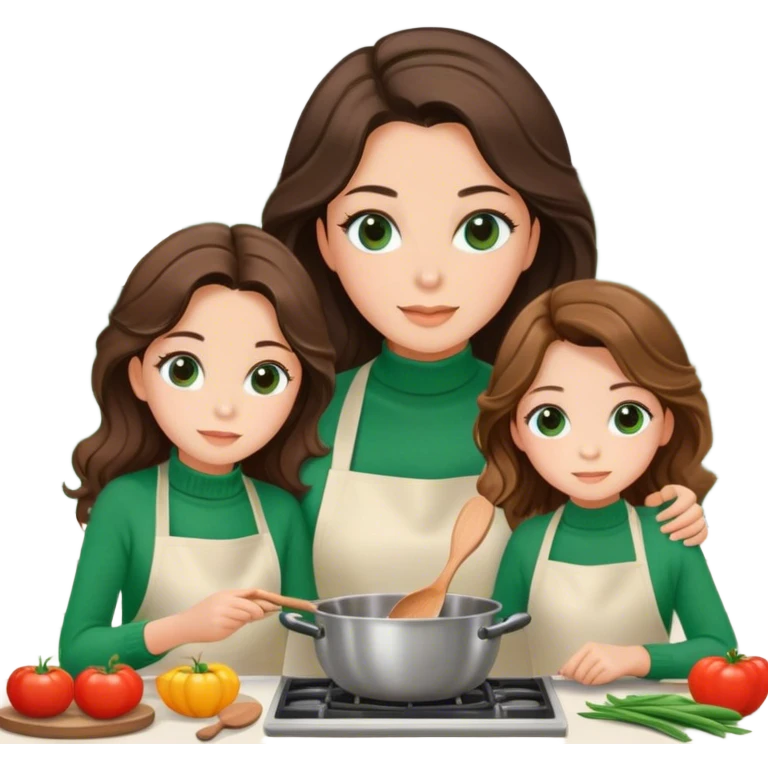 A mom and 10 years old daughter with brown eyes and beatiful lashes and hazel eyes and brown long beach waves hair while cooking together focused in a beautiful and luxurious kitchen mom wearing a green turtleneck sweater  emoji