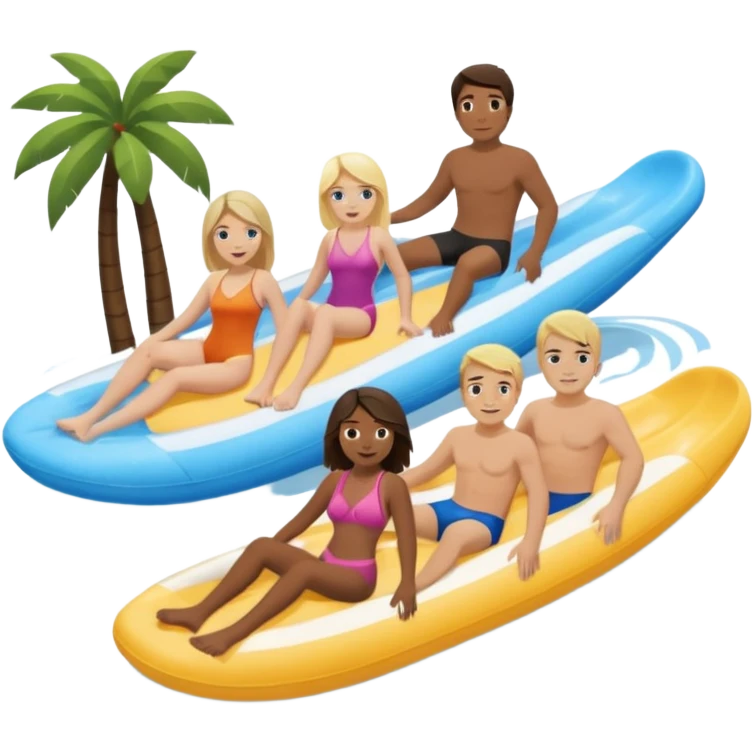 2 girls 2 guys. dark brown haired girl that’s pale and blonde haired girl and dirty blonde haired man and dark brown hair man that has a bit longer hair just above his shoulders and is pale too on the lazy river water slide emoji