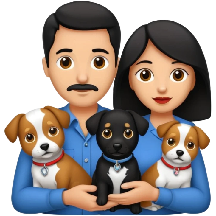 Pareja hombre y mujer, pelo negro ambos, y con dos perritos pincher en sus brazos emoji