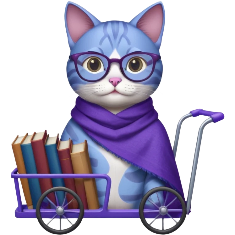Purple and blue cat with reading glasses and a shawl, standing behind a cart full of books emoji