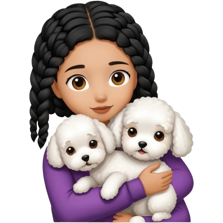 A girl with the black braids has straight hair ,hugging a Bichon frise emoji