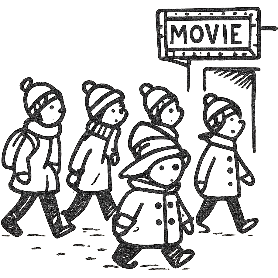 A group of school children walking to a movie theater in winter, inspired by Paddington Bear emoji