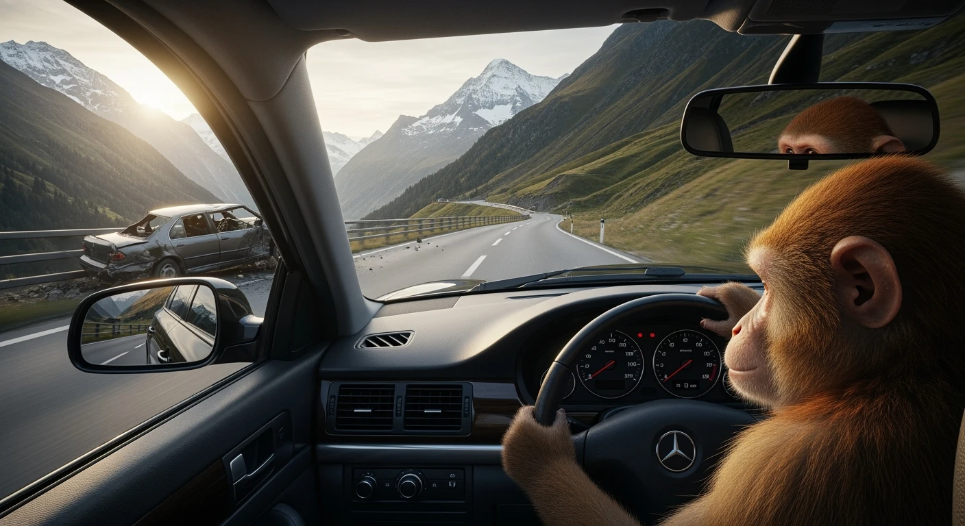 Realistic camshot pov of monkey drive a car (hands holding car wheel) switzerland road with car crash emoji