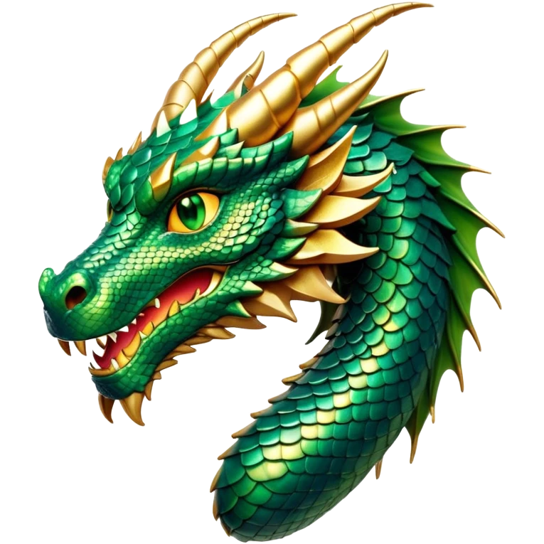 Cinematic Noble Dragon Portrait Emoji, Poised and majestic, with a sinuous, elongated body covered in intricately detailed, shimmering scales in hues of emerald and gold, and piercing, fiery eyes that reflect ancient wisdom; rendered with lifelike texture and natural highlights, high shine, intelligent and formidable, styled with an aura of mythic power, focused and attentive, soft glowing outline, capturing the essence of a legendary dragon that appears ready to soar out of the screen with timeless authority! emoji