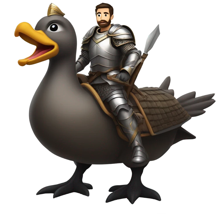 Confident armored White Man with dark brown hair and a short beard riding on the back of a giant armored duck pointing forward with one arm yelling a battle charge emoji