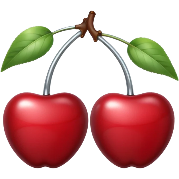 A pair of cherries emoji made of polished silver chrome, smooth rounded shapes, glossy metallic finish, soft highlights and reflections, cute proportions, iOS emoji style, centered, clean white background, no text emoji