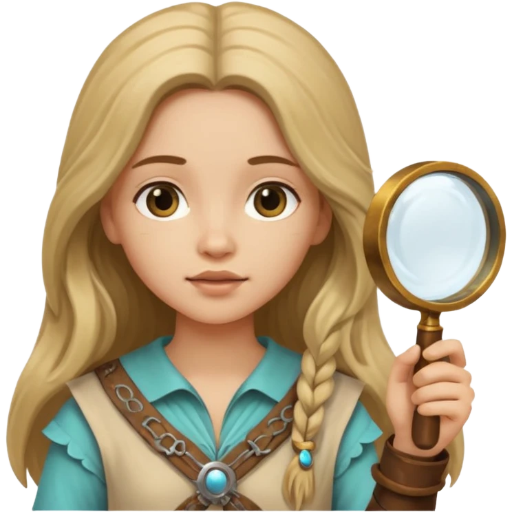 long haired girl in archaeological outfit, holding magnifying glass emoji