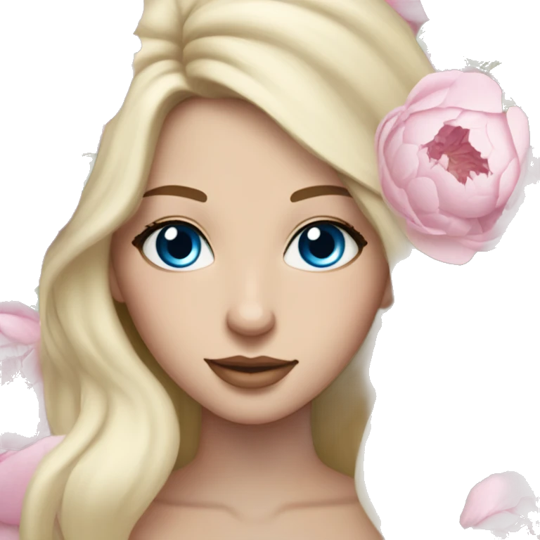 White bride with long light blonde hair and blue eyes with light pink peonies in hair white skin  emoji