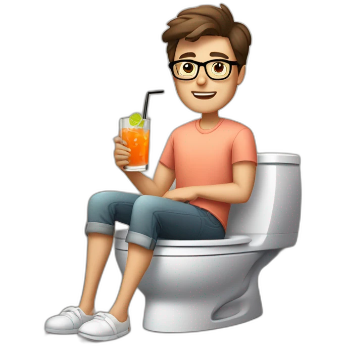 clean-shaven man with short brown hair, octagonal glasses, and salmon colored shirt sitting on the toilet, drinking a cocktail. Sitting on the toilet in the bathroom emoji