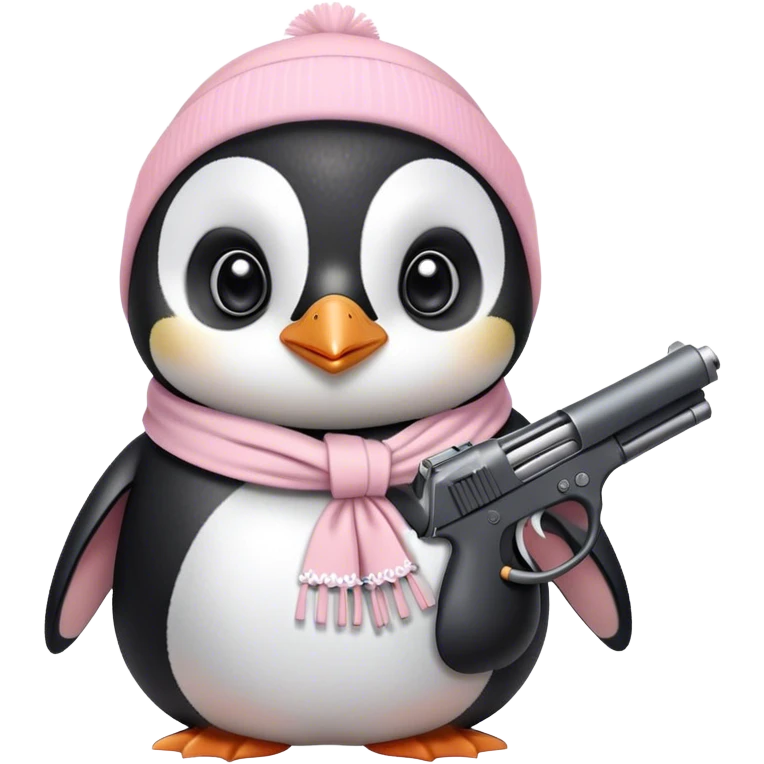 cute penguin wearing light pink bow scarf and holding light pink gun  emoji