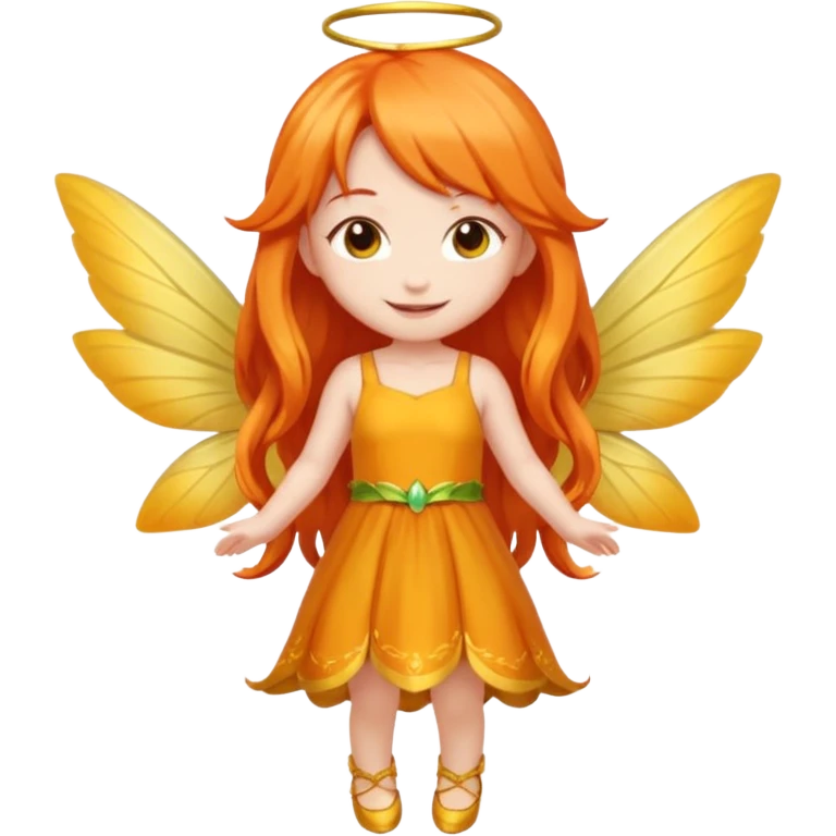 fairy with long orange hair, yellow wings, red dress, happy, chibi full body emoji