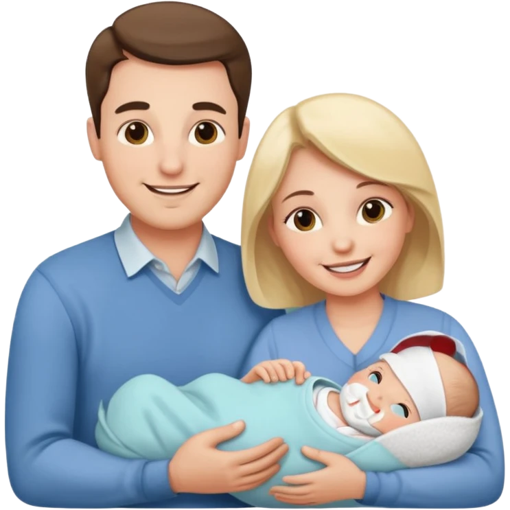 30s couple, man and woman smiling while looking at a newborn baby, family harmony emoji