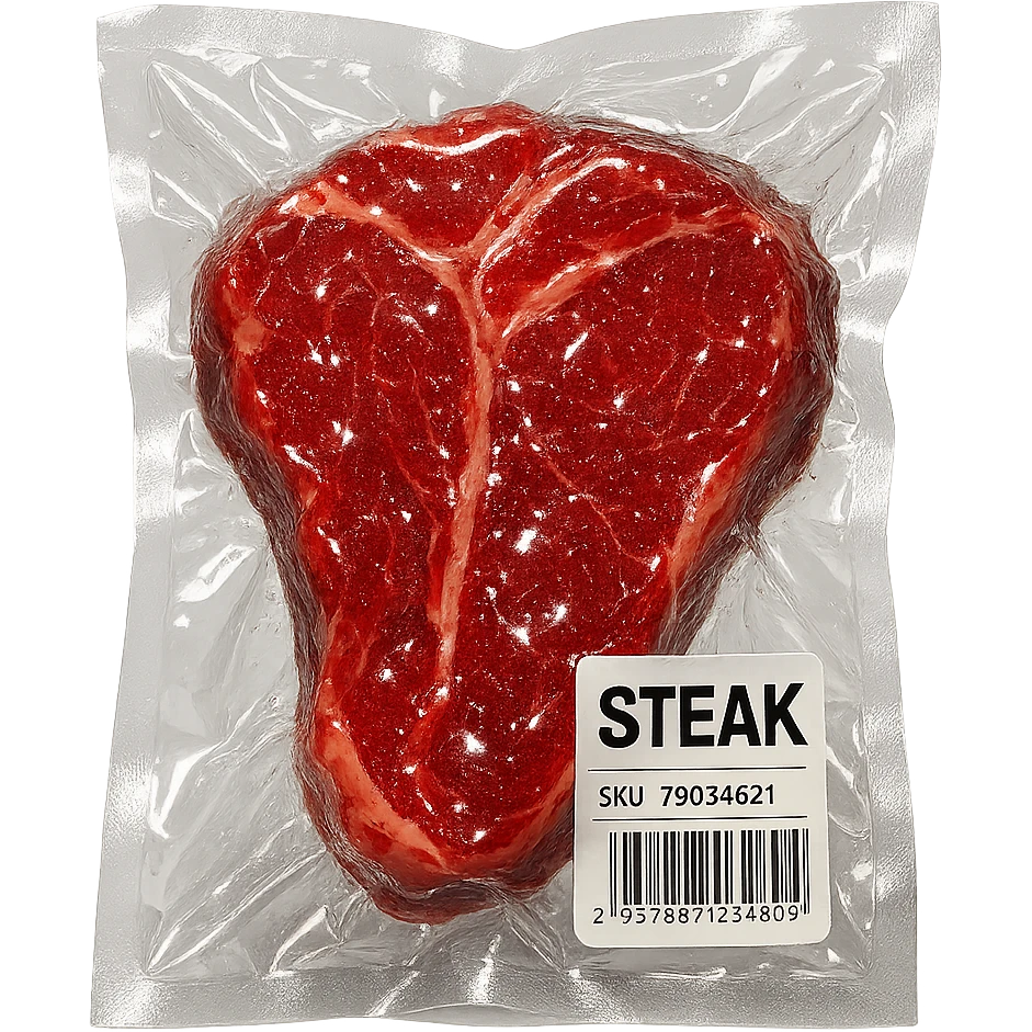 steak with sparkling highlights, glossy and inflated, vacuum-sealed style emoji