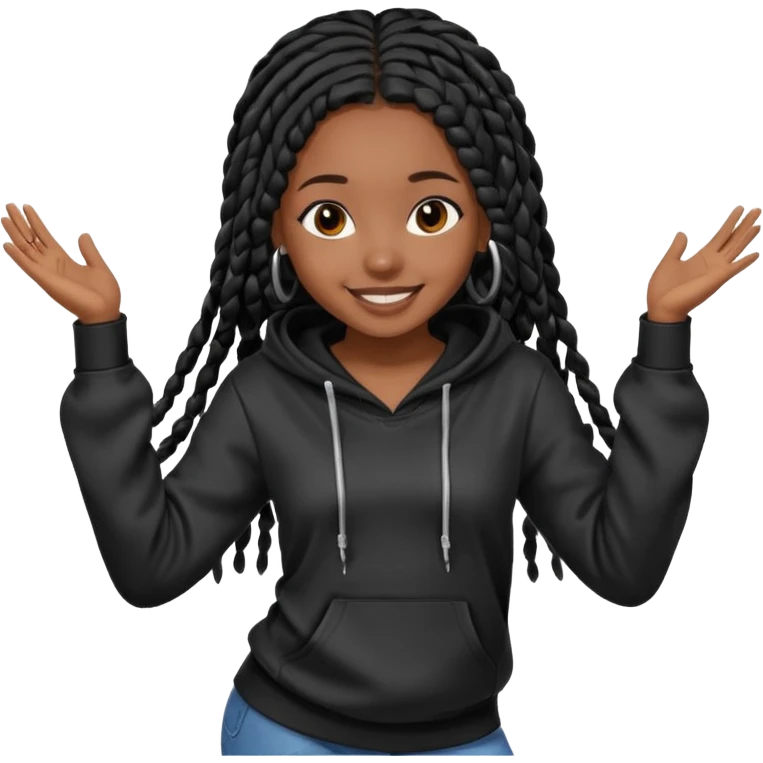 African American girl dark skin complextion a l with long black box braids wearing plain black hoodie dancing emoji