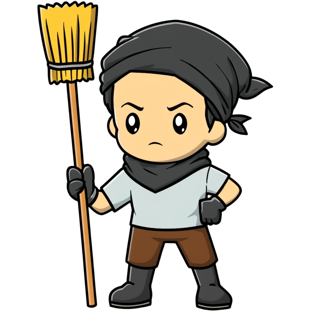 Levi Ackerman cleaning with bandana over hair, gloves, holding broom, annoyed expression emoji