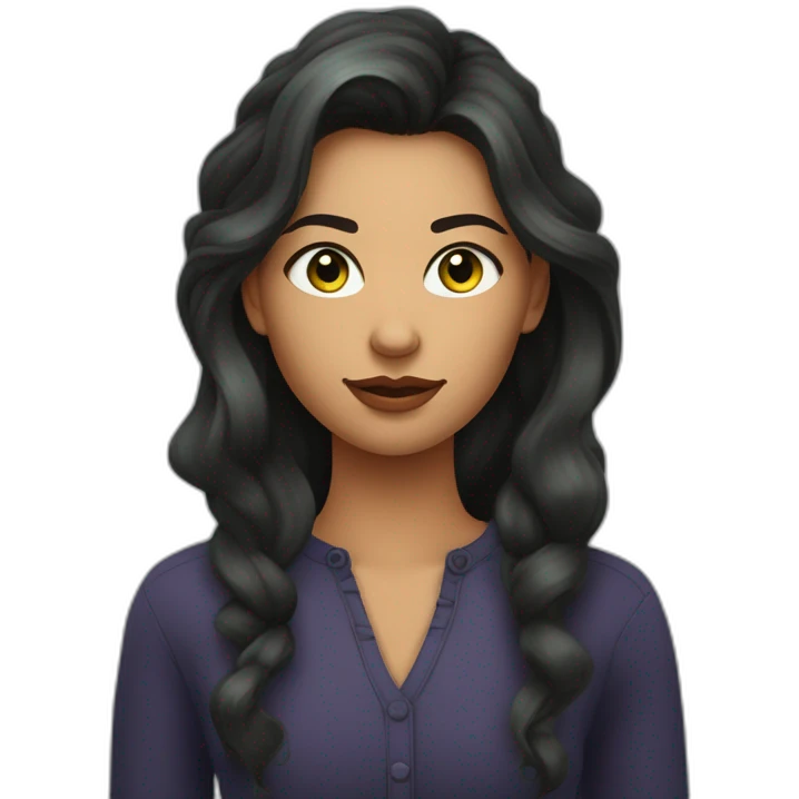 Jeune femme aux yeux verts foncés et aux longs cheveux noirs ondulés ayant une cicatrice lui barrant le sourcil. emoji