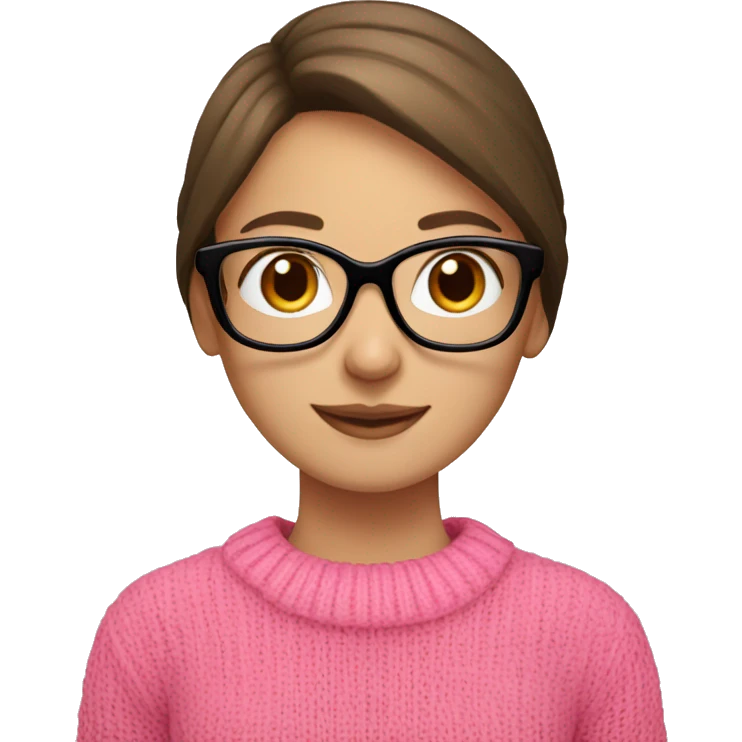 Russian smile Girl with straight brown hair and black glasses frame and in pink sweater working behind laptop emoji