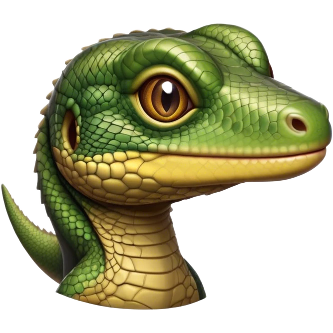 Cinematic Realistic Cute Monitor Lizard Portrait Emoji, Head tilted playfully and inquisitively, featuring a compact, agile body with finely detailed, glossy scales in earthy olive hues and a distinct, alert face with bright, curious eyes, rendered with lifelike natural highlights, high shine, affectionate and spirited, styled with a touch of rugged whimsy, soft glowing outline, capturing the essence of a mischievous yet lovable monitor lizard that seems poised to scurry playfully into your arms! emoji