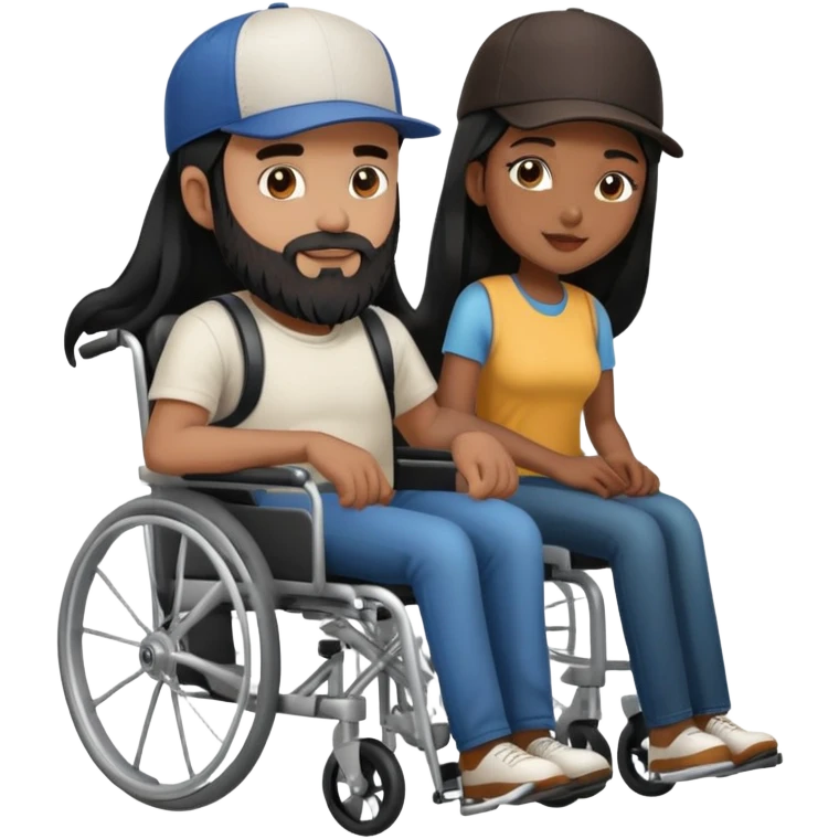 Beige skin man with a beard and cap in a wheelchair and a dark brown skin woman with long black hair in a wheelchair  emoji
