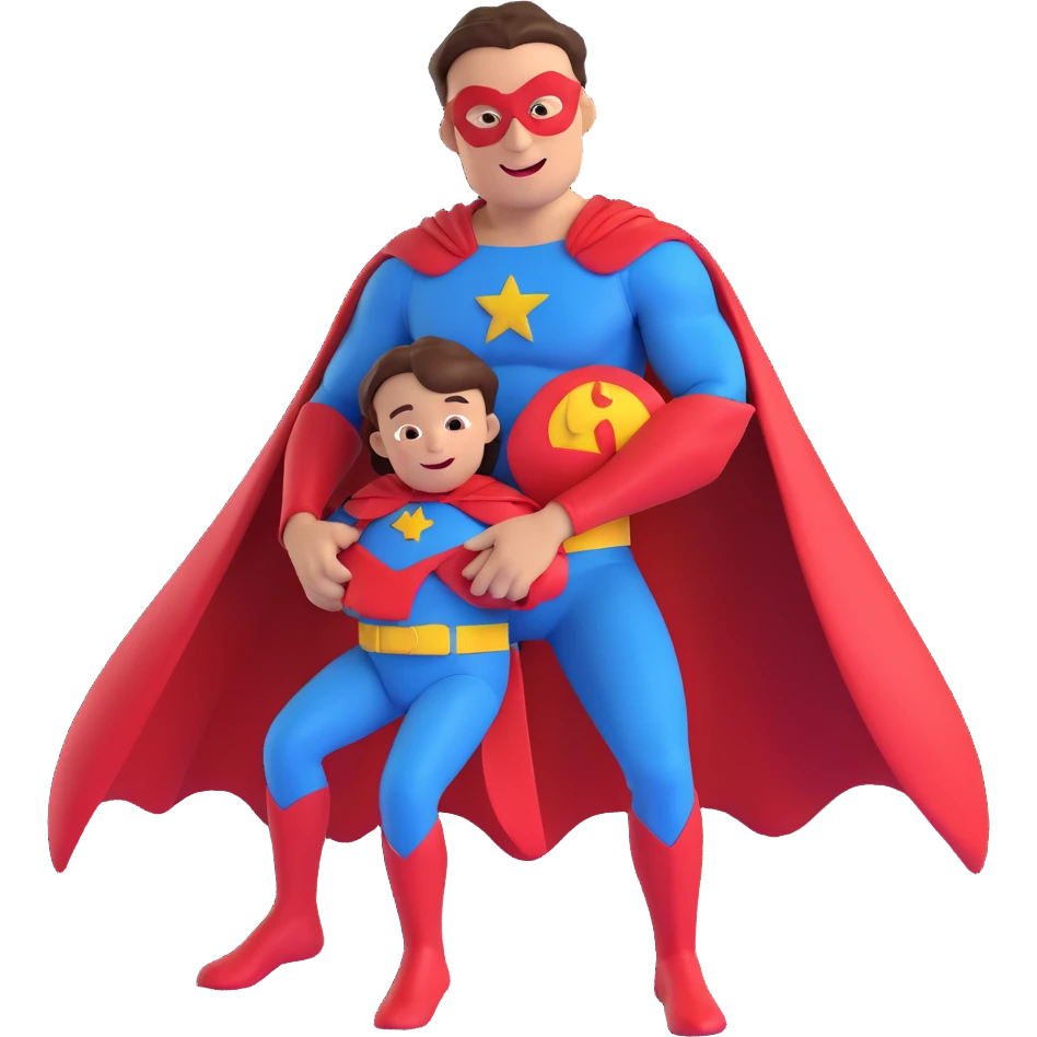 super dad, holding a child, superhero costume, cheerful emoji