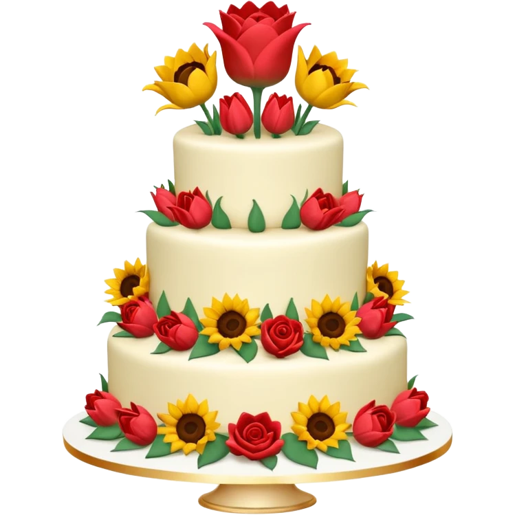 A large three teir cake with first mayer decorated with roses, second with Sunflowers and third with Tulips and Happy Birthday Dear written on top. emoji