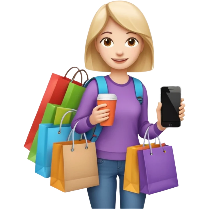 Apple iOS emoji-style 3D illustration of a cheerful young woman carrying too many items — multiple colorful shopping bags, two stacked cardboard boxes, coffee cup, smartphone, backpack, and shoulder bag. emoji