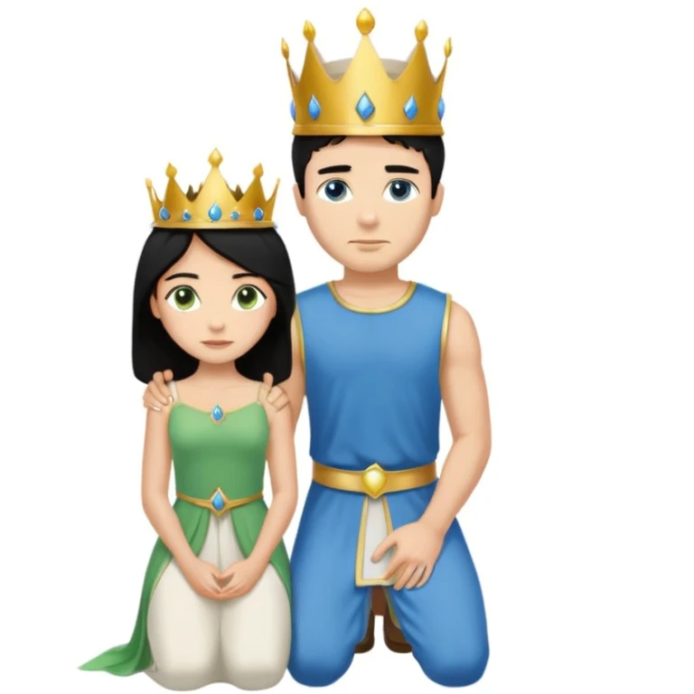 Man as king, standing, black Hair, blue eyes, simple woman, blonde, green eyes, shott white sleveless Dress, kneeling, background palace emoji